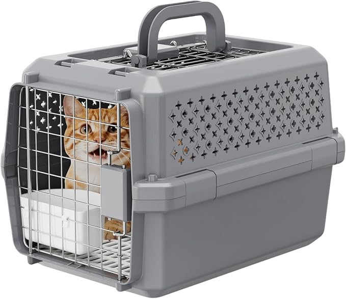 RIZZARI Grey Small Hard Sided Pet Carrier, Portable Ventilated Travel Crate by RIZZARI