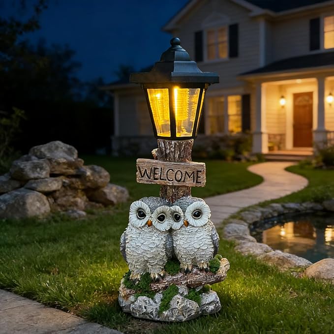 Outdoor Garden Owl Statue with Solar Lights, Owl Figure with Welcoming Sign - Image 7