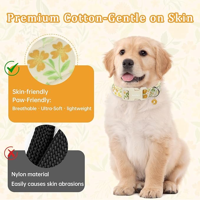 Spring Summer Dog Collar with Daisy Pattern, Adjustable Cotton Puppy Collars - Image 3