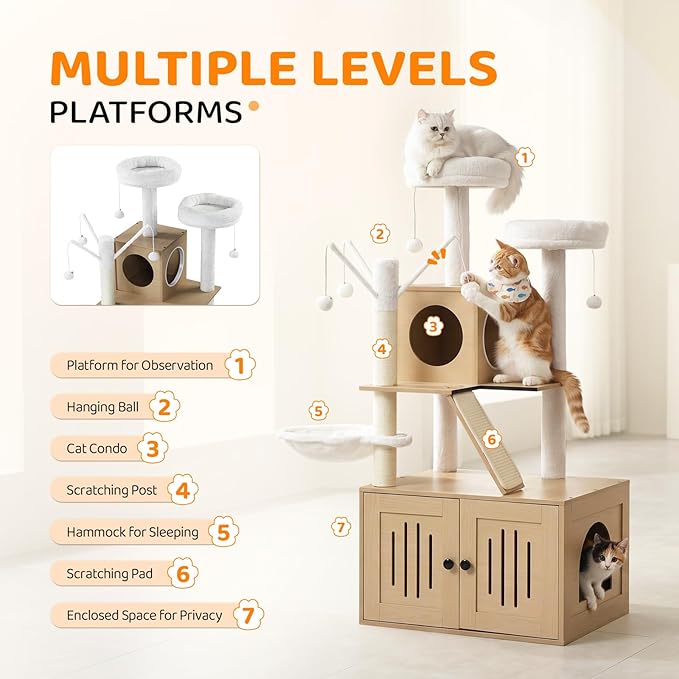 VINGLI Cat Tree Tower with Litter Box, Cat Tower wih Scratching Posts, Houses - Image 4