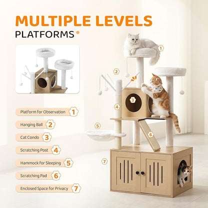 VINGLI Cat Tree Tower with Litter Box, Cat Tower wih Scratching Posts, Houses - Image 4