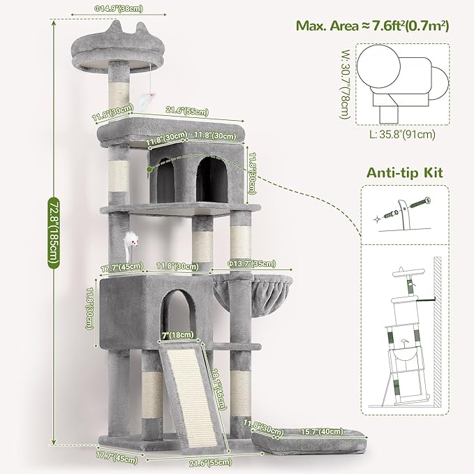 Globlazer Heavy Duty Cat Trees for Large Cats, Sturdy 72in Maine Coon Cat Tree - Image 7