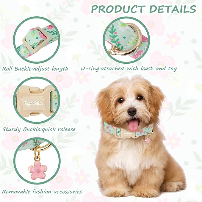 Dog Collar with Pink Floral Patterns, Spring Summer Collection Green Dog Collar - Image 3