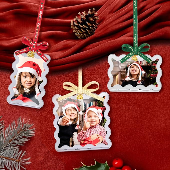 UNIQOOO 6Pcs Silver Wave Christmas Acrylic Picture Frame Ornaments, 3 Sizes - Image 2