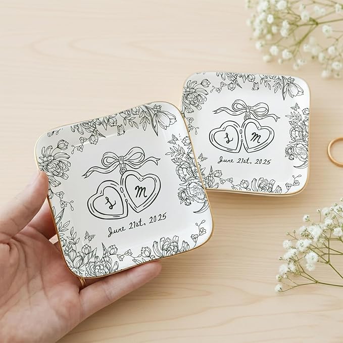 LOVELYPOD Personalized Floral Engagement Trinket Tray, Custom Couple Name - Image 5