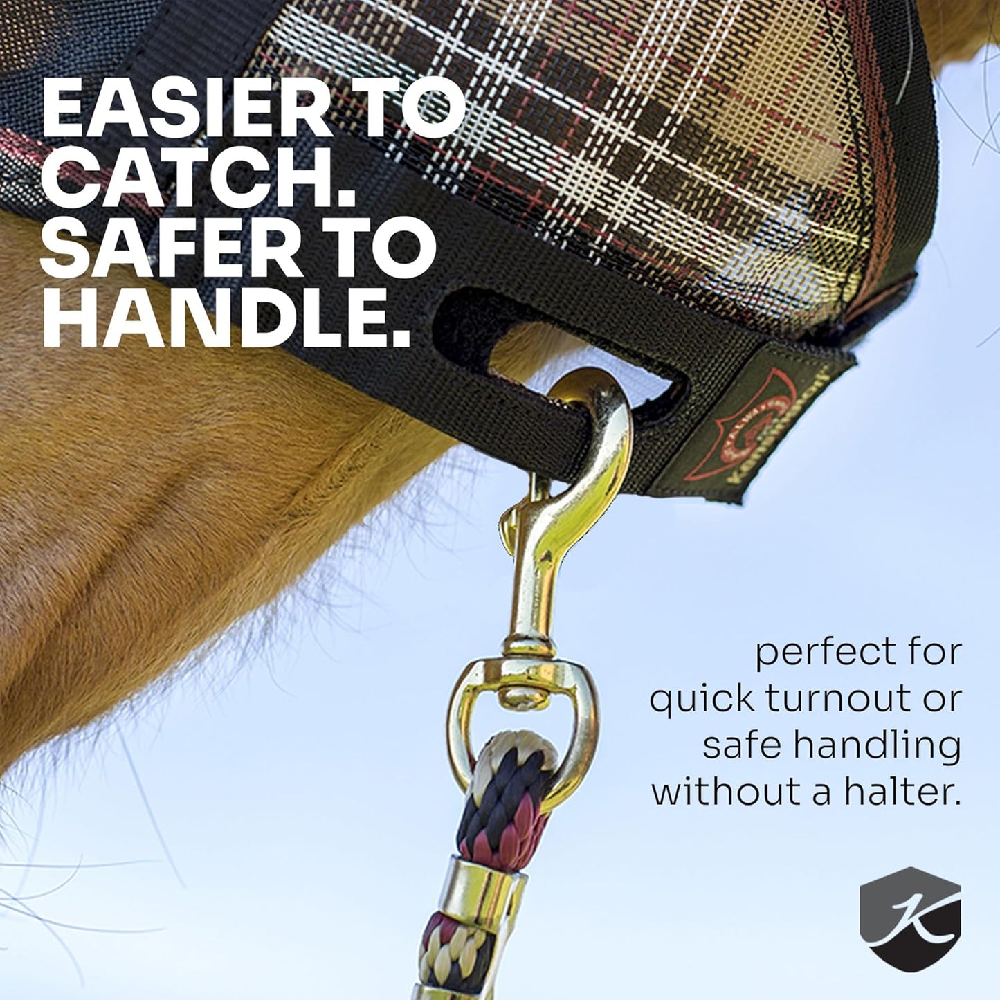 Kensington 90% UV Fly Mask Halter CatchMask UViator - Without Ears & Forelock Freedom Web Trim *Roomy Fit*- Large, Kentucky Blue