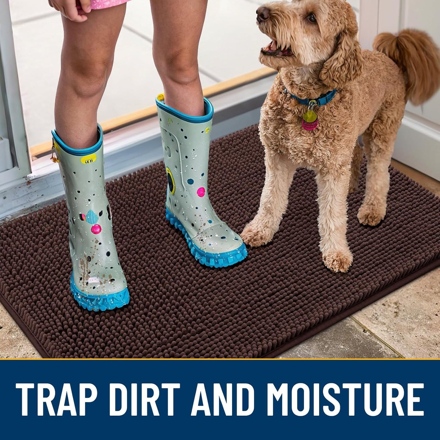 Smiry Dog Door Mat for Muddy Paws 47x24, Absorbs Moisture and Dirt Doormat, Non-Slip Washable Quick Dry Chenille Front Door Mat Indoor Entrance, Entryway Carpet for Inside Floor, Brown