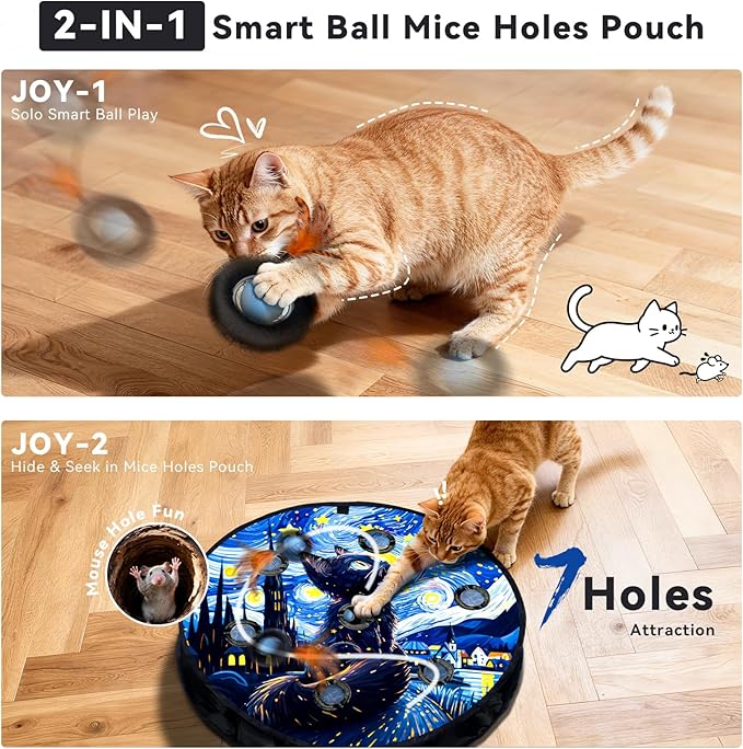 Interactive Cat Toy with Motion Activated Ball & 7-Hole Play Mat, Hide and Seek - Image 2