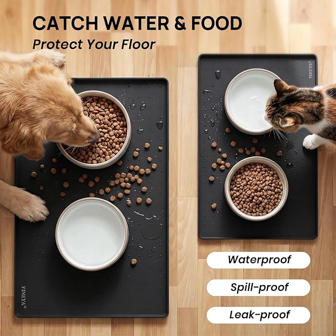 YINEYA Silicone Dog & Cat Food Mat Waterproof 22" x 14", Raised Edge Dog Bowl - Image 3