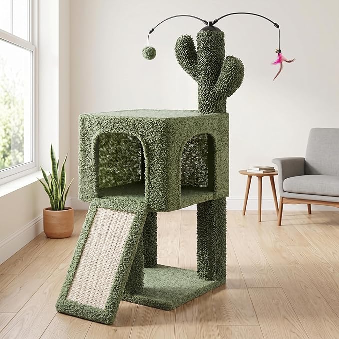 32" Cactus Cat Tree for Indoor Cats, 2-in-1 Cat House - Image 3