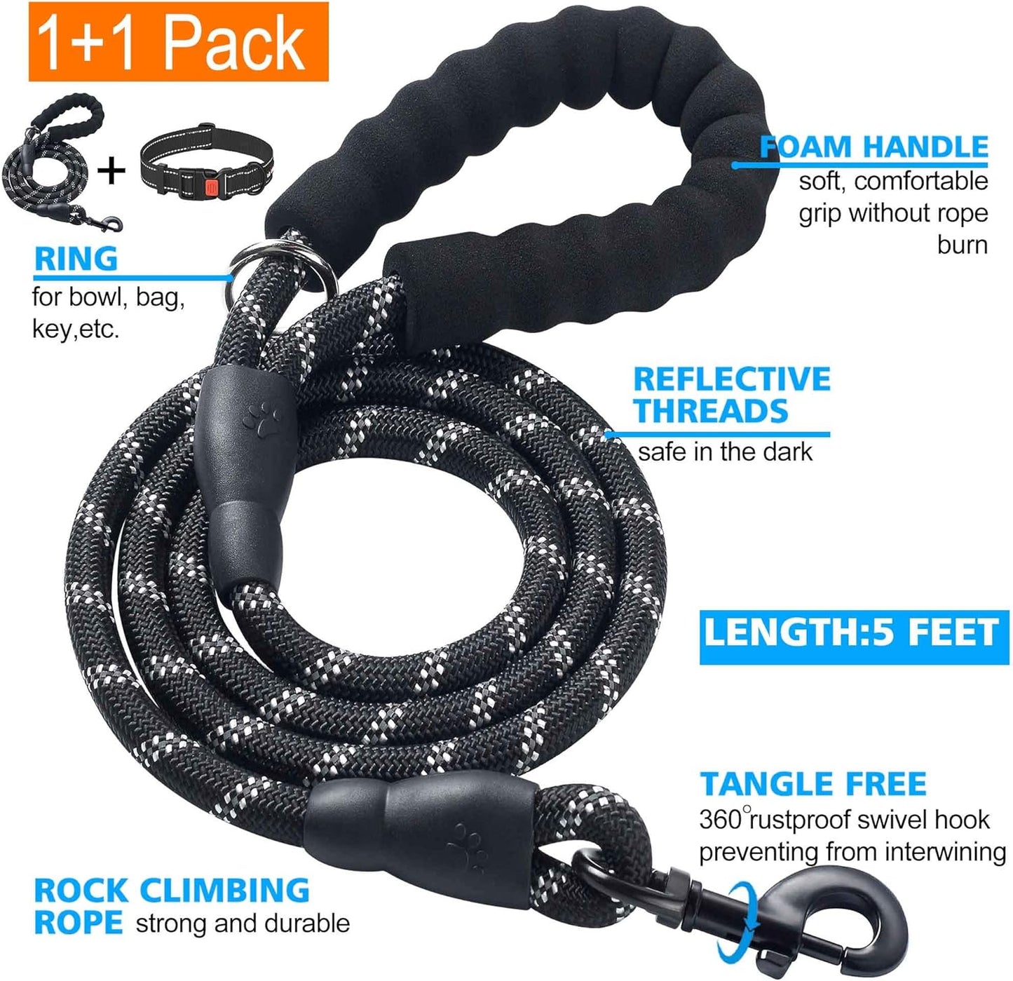 Heavy Duty Dog Leash - Comfortable Padded Handle, 5 ft Long - Dog Leashes for Small Medium Large Dogs (Leash+Collar L Neck 20"-25", Black)