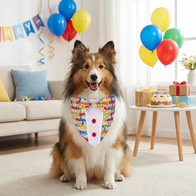 ADOGGYGO Birthday Dog Tuxedo, Adjustable Happy Birthday Print Pet Bowtie Collar - Image 3