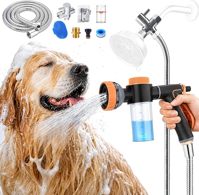 Dog Shower Attachment with Metal 3-Way Shower Diverter & 6.6FT Shower Hose by AYBBSHOW