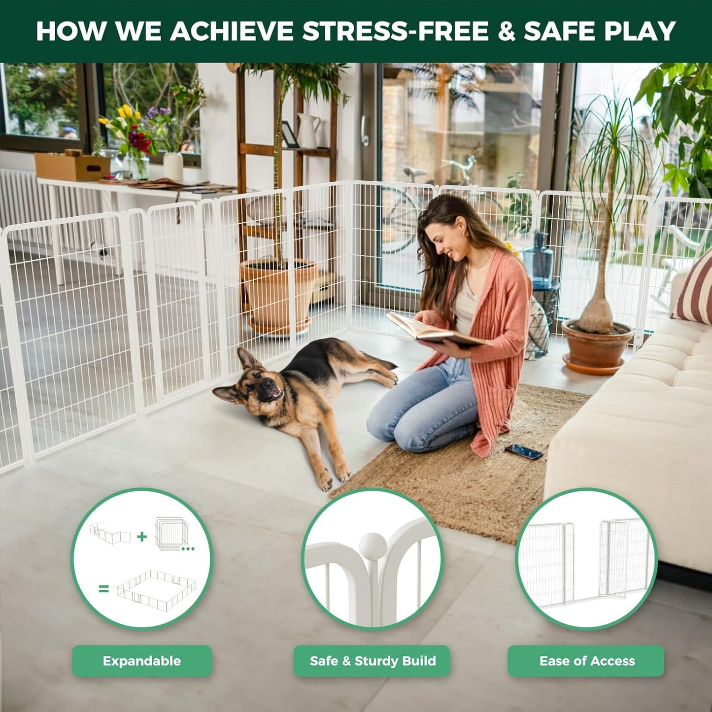 FXW Homeplus Unleashed Indoor Dog Playpen - Stress-Free and Safe Play, Heavy Duty 45 Inch 16 Wire Panels Dog Pen for Large Dogs, White│Patented