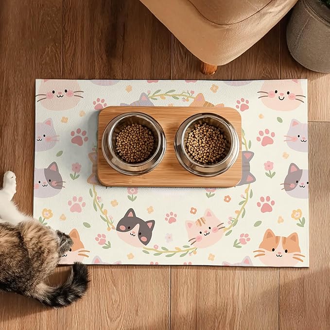 HOMETITUTE Cat Feedings Mats 20x12 inch Beige Cat Print Pet Bowl Placemat Non - Image 5