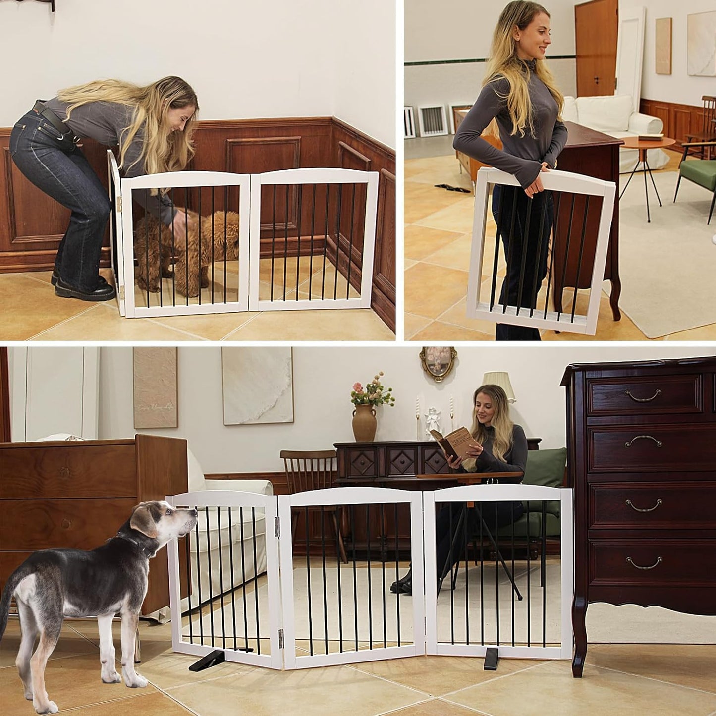 ZJSF Freestanding Panel Dog Gate for Indoor, Doorways,Stairs, or Hallways,Foldable Wooden White Pet Gates for House,Pet Gate for Dogs,Dog Fence, Puppy Gate,Support Feet Included,24 "Height-3 Panels