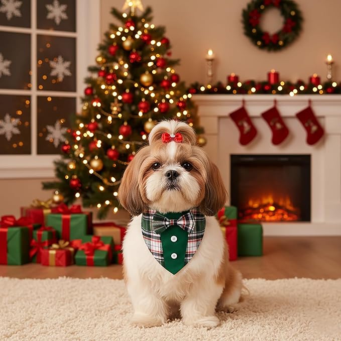 ADOGGYGO Christmas Green Dog Tuxedo Bandana, Plaid Pet Bowtie Collar, - Image 4