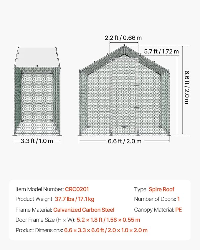 VEVOR Large Metal Chicken Coop, 6.6 x 3.3 x 6.6 ft, Walk-in Chicken Run House - Image 7