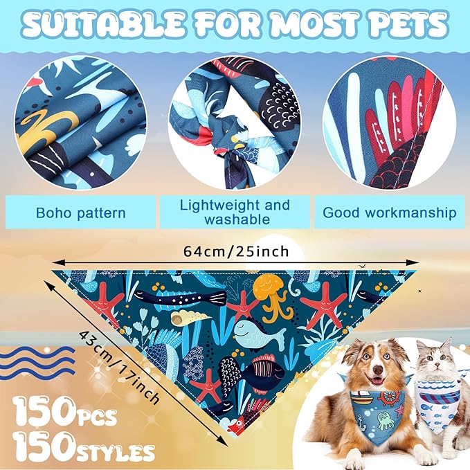 Huhumy 150 Pcs Ocean Dog Bandanas Bulk Summer Pet Bibs Triangle Ocean Themed - Image 2