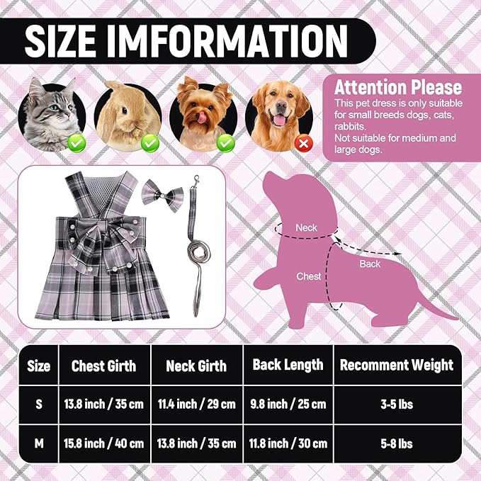 Cute Plaid Dog Dress Clothes for Small Dogs Cats Girl Black and Pink Plaid Dog - Image 2