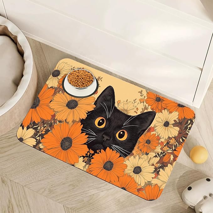 Black Cat Dog Food Mat for Floors, Fall Flower Daisy Absorbent Pet Food and by Unknown