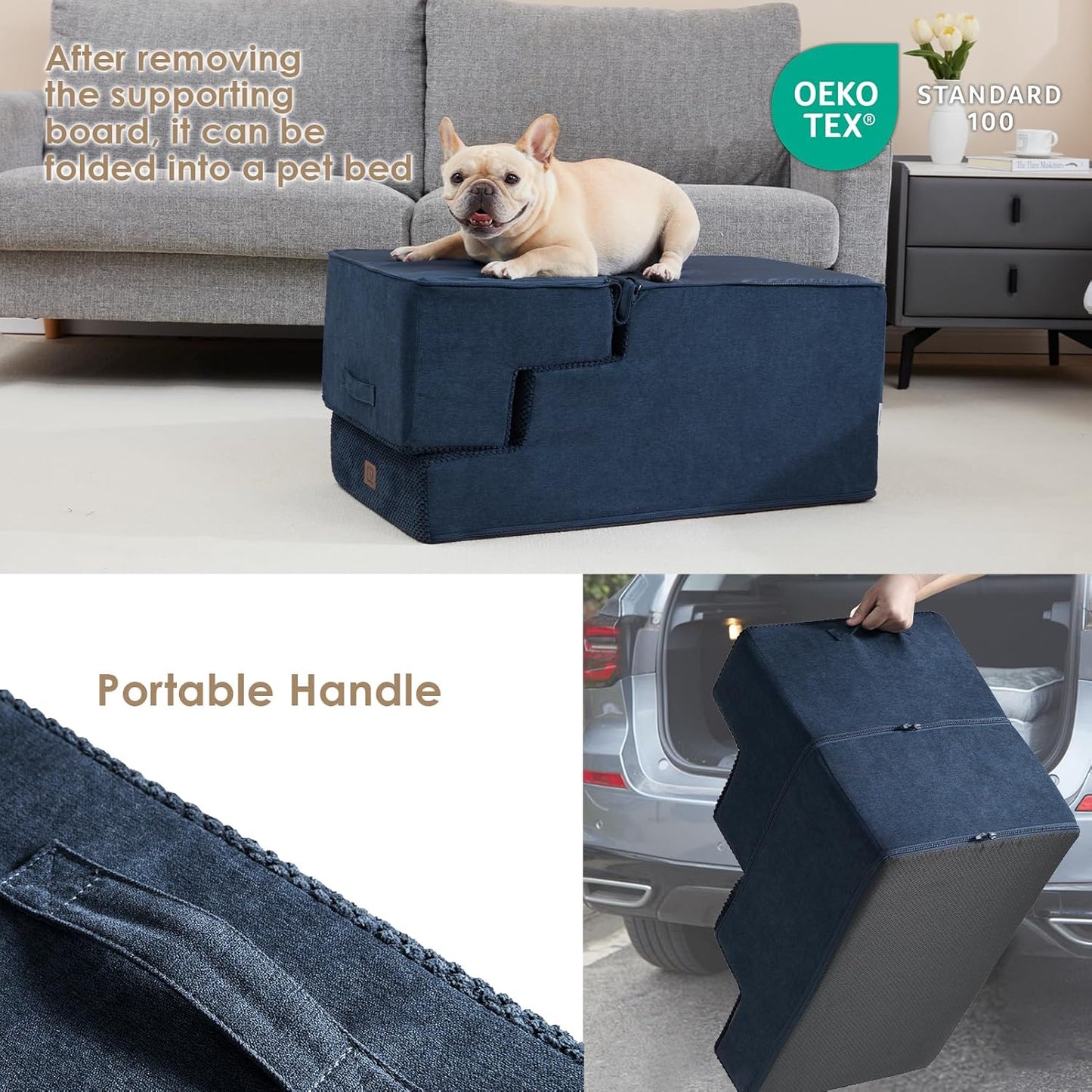 EHEYCIGA Dog Stairs for High Bed 22.5" H, 5-Step Dog Steps for Bed, Pet Steps for Small Dogs and Cats, Non-Slip Balanced Pet Ramp Indoor, Navy Blue