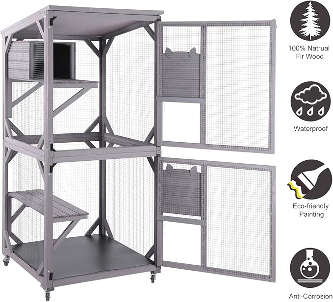 Aivituvin Cat Catio Kitty House Outdoor and Indoor Run Large Wooden Cat - Image 5