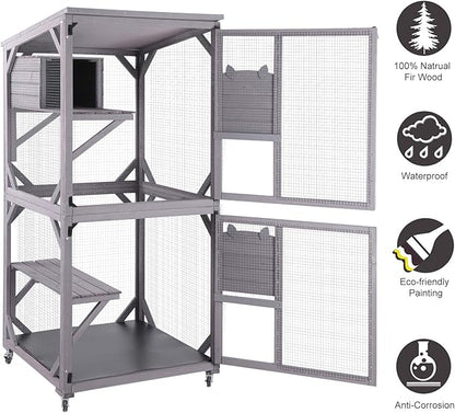 Aivituvin Cat Catio Kitty House Outdoor and Indoor Run Large Wooden Cat - Image 5