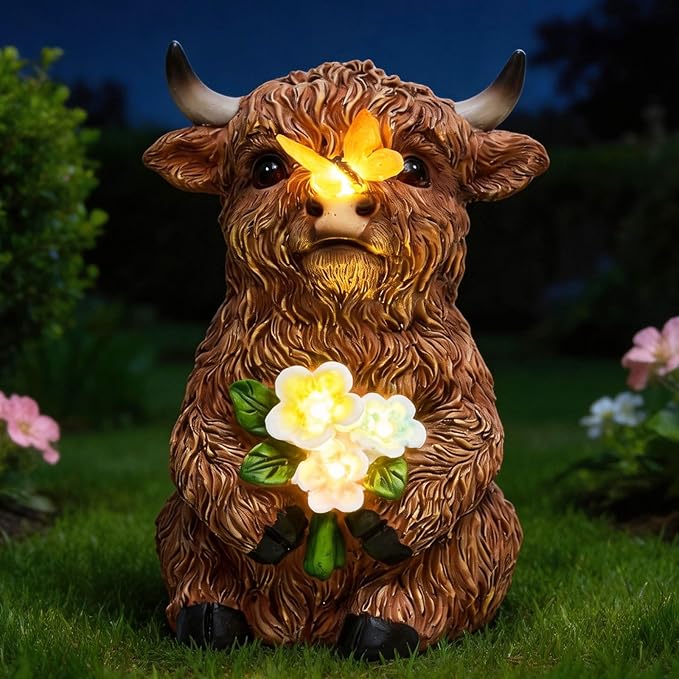 Solar Highland Cow Outdoor Statue, Garden Sculpture by Unknown