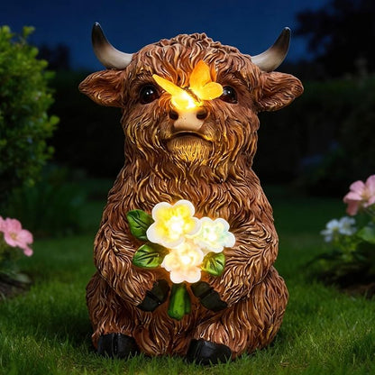 Solar Highland Cow Outdoor Statue, Garden Sculpture by Unknown