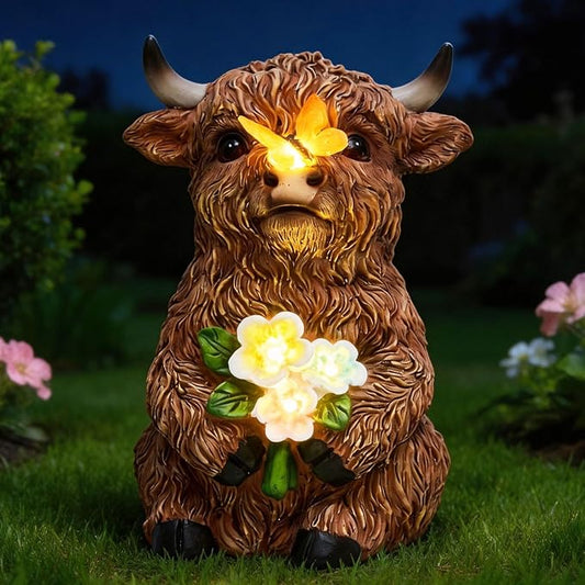 Solar Highland Cow Outdoor Statue, Garden Sculpture by Unknown