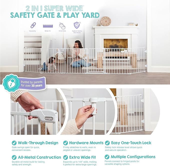 Regalo Safety 144" Super Wide Baby Gate & Play Yard, 2-in-1 Adjustable 6-Panel - Image 4