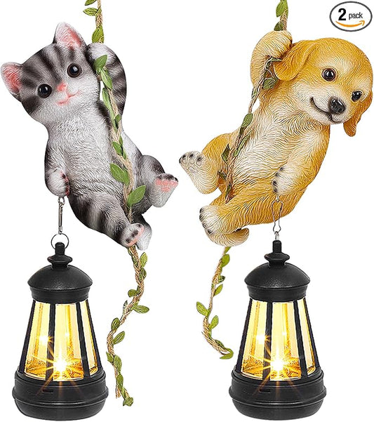Set of 2 Solar Hanging Statue, Outdoor Resin Black White Cat & Golden Retriever by ZaaYee