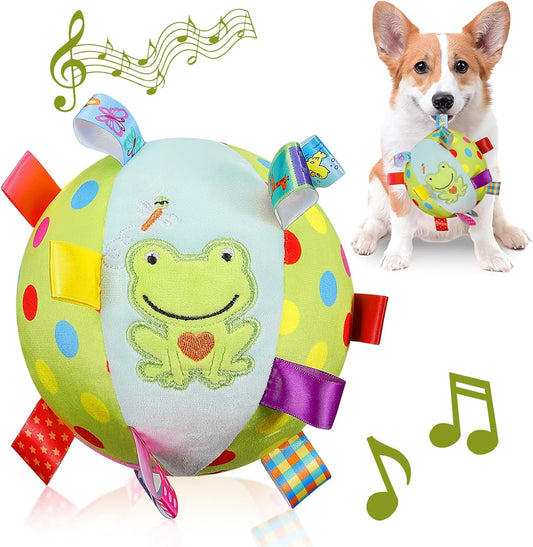 Dog Squeaky Plush Toy with Straps, 6-Inch Soft Stuffed Ball with Cotton Material and Bell Built-in, Pet Interactive Fetch Toy for Small to Large Dog