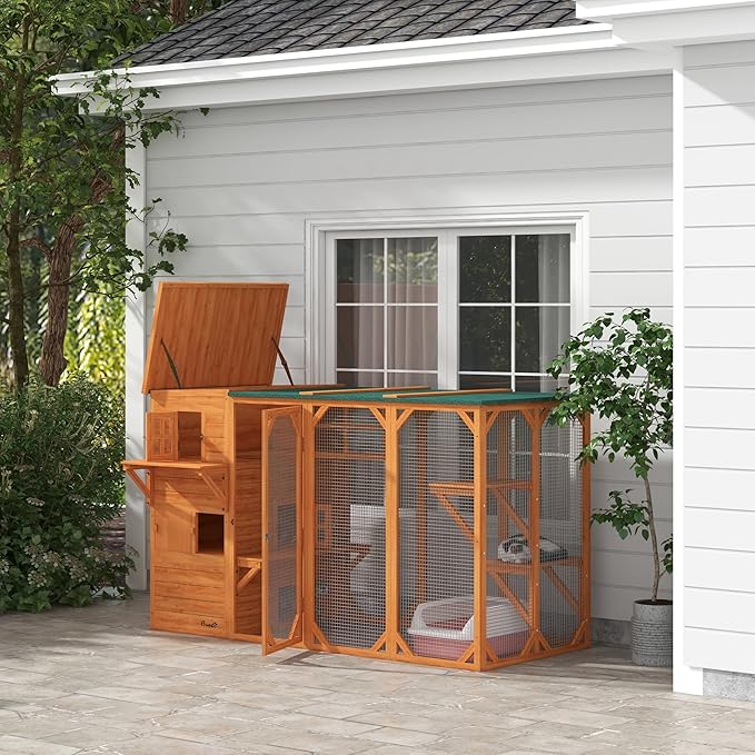 PawHut Catio Outdoor Cat Enclosure, Large Wood Kitten Cat House Enclosure - Image 2