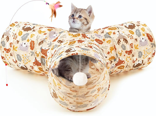 Tempcore Pet Cat Tunnel Tube Cat Toys 3 Way Collapsible, Cat Tunnels for Indoor Cats，Kitty Tunnel Bored Pet Toys Peek Hole Toy Ball Puppy, Kitty, Kitten, Rabbit Beige Deer