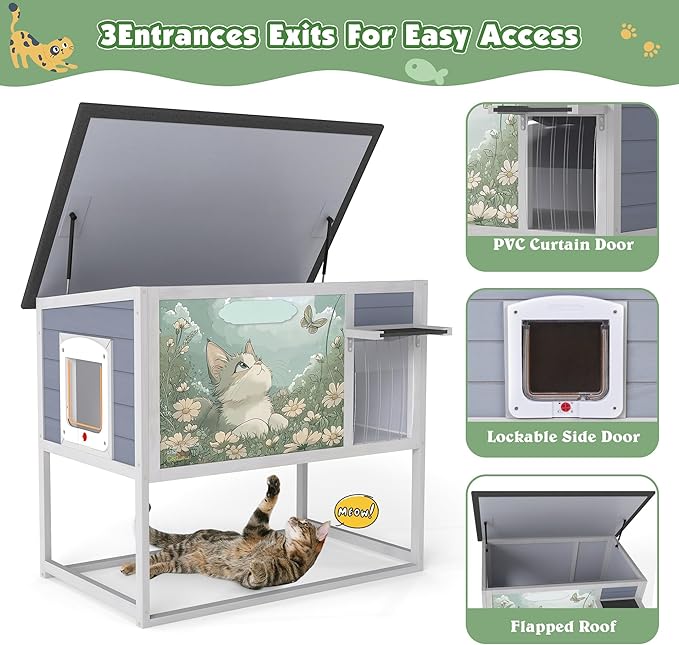 Outdoor Raised Wooden Cat House, Weatherproof Feral Cat Enclosure - Image 5