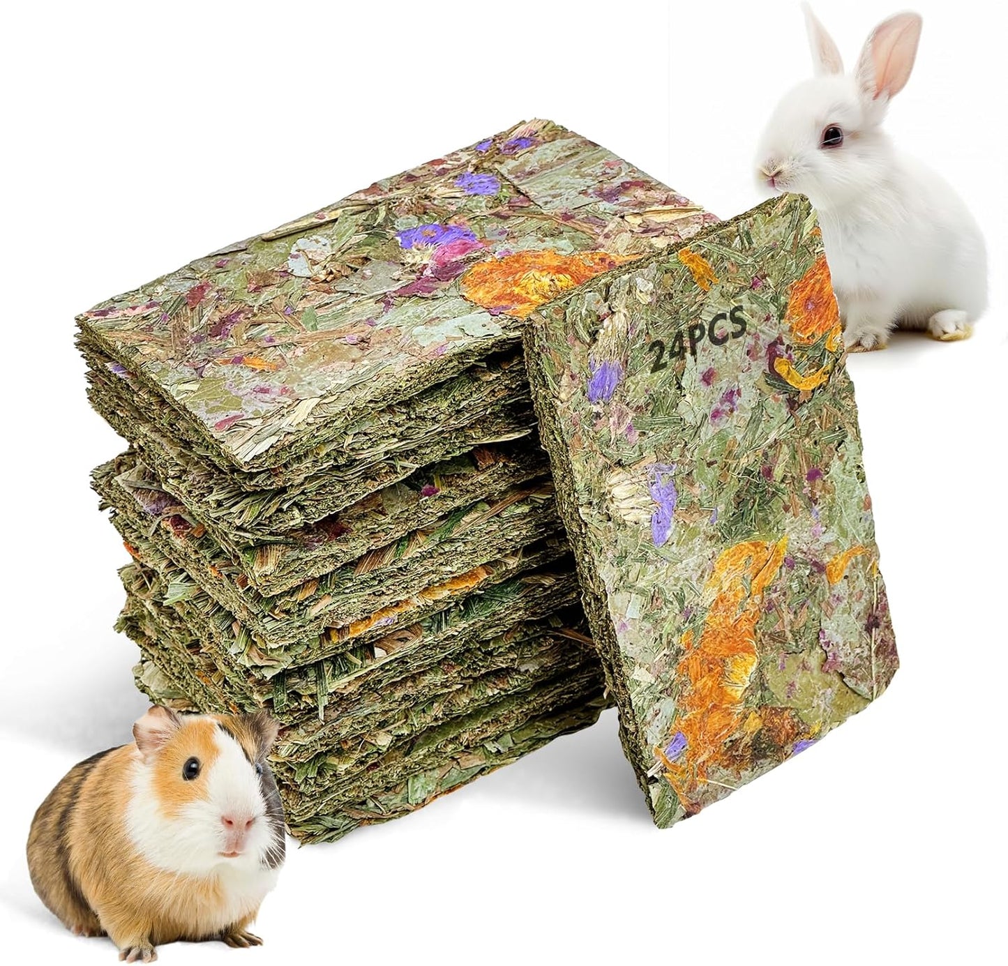 Fhiny 24 PCS Rabbit Timothy Hay Chips Toys, Natural Bunny Molar Treats with Herbal Flowers Rabbit Chew Toys for Teeth Small Animal Snacks for Rats Chinchillas Guinea Pigs Hamsters