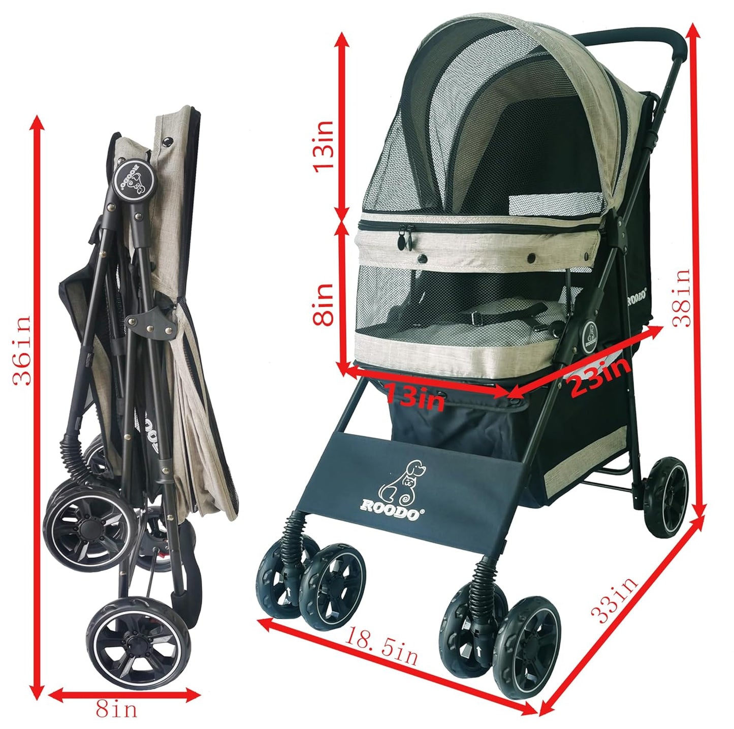 ROODO 4 Wheel Dog Cat Pet Stroller Best Lightweight Foldable Compact Portable Jogger All Terrain Travel Pet Gear Puppy Doggie Bunny Kitty Stroller for up to 30lbs Medium Small Dogs Cats(Light Khaki)