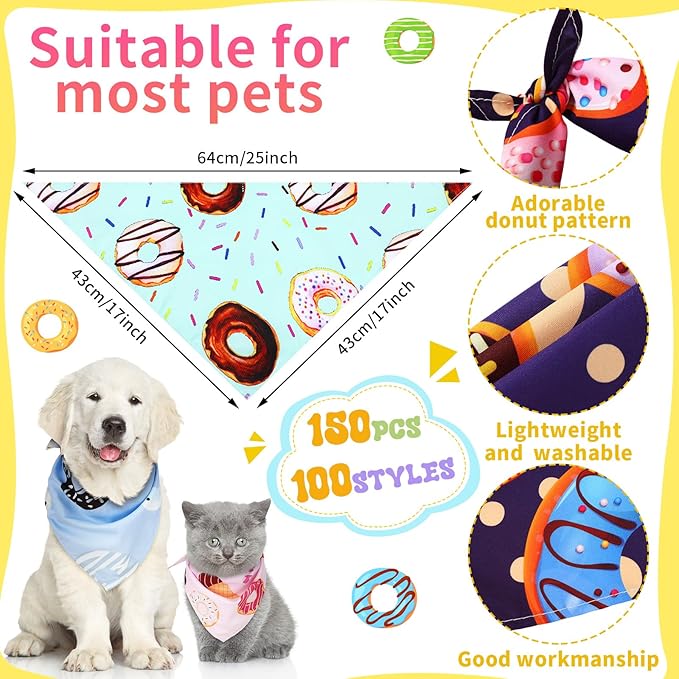 Huhumy 100 Pcs Donut Dog Bandanas Bulk Pet Bibs Colorful Triangle Scarf Donut - Image 2