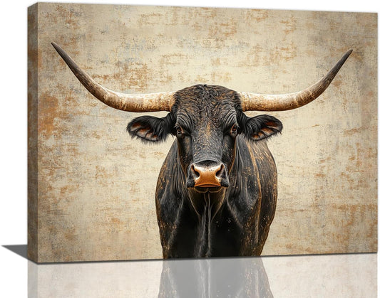 Rustic Highland Cow Pictures Wall Art, Farmhouse Black Cow Bathroom Wall Decor Animal Framed Painting Canvas Artwork for Bathroom Bedroom Living Room Decorations 20"L x 16"W