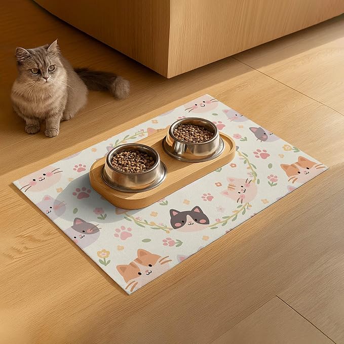 HOMETITUTE Cat Feedings Mats 20x12 inch Beige Cat Print Pet Bowl Placemat Non - Image 9