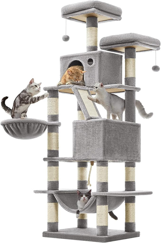 Feandrea Cat Tree, 66.1-Inch Large Cat Tower, 2 Perches, 2 Caves, Light Gray by FeandreabySONGMICSHOME