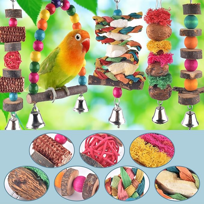 Bissap Bird Chew Toys, 7 Packs Parakeet Natural Wood Toys Parrot Hanging Cage - Image 4