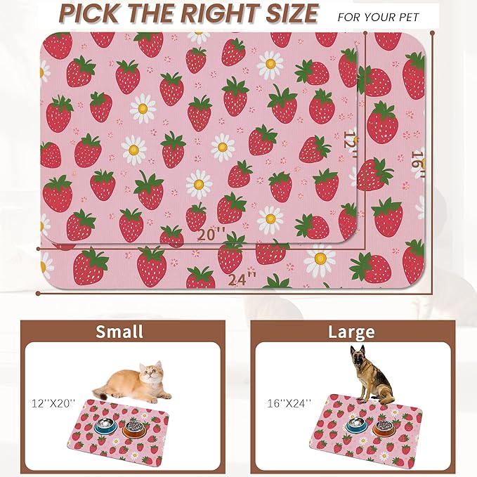 Cute Strawberry Flower Dog Cat Food Mat, Non-Slip Water Bowl Placemat, Indoor - Image 2