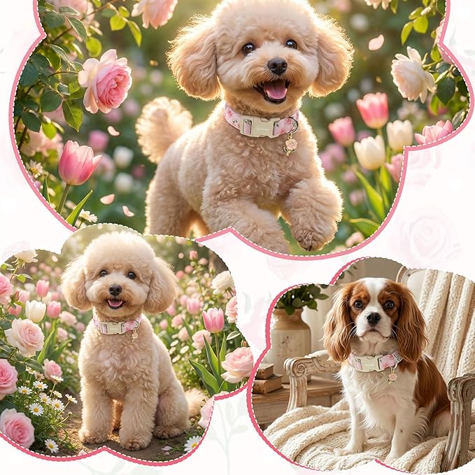 Spring Summer Dog Collar with Pink Rose, Adjustable Cotton Puppy Collars - Image 4