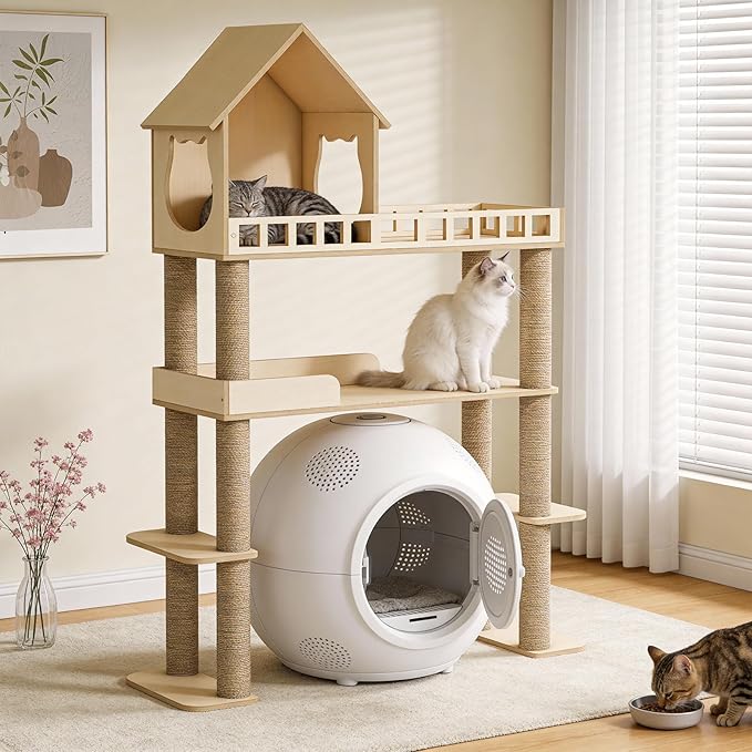 Wood Cat Tree for Automatic Litter Box, 60.2 Inch Tall Modern Cat Tree Tower by AcenovaBrandYouCanTrust%EF%BC%81