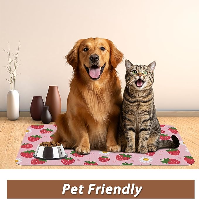 Cute Strawberry Flower Dog Cat Food Mat, Non-Slip Water Bowl Placemat, Indoor - Image 6