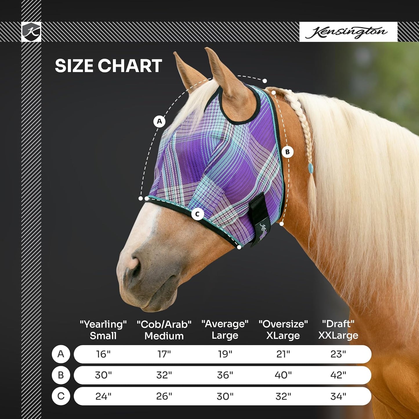 Kensington UV Horse Fly Mask with Web Trim - Protective Mask with Dual Ear Opening & Forelock Freedom - Medium, Lavender Mint