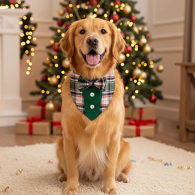 ADOGGYGO Christmas Green Dog Tuxedo Bandana, Plaid Pet Bowtie Collar, - Image 4